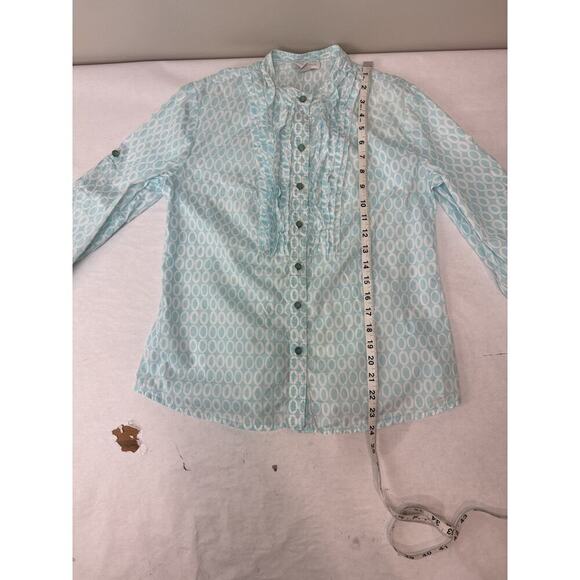 Coastal Charter Club Blue Print Ruffle Button Up Shirt Twee Romantic Size 10P - Picture 6 of 13